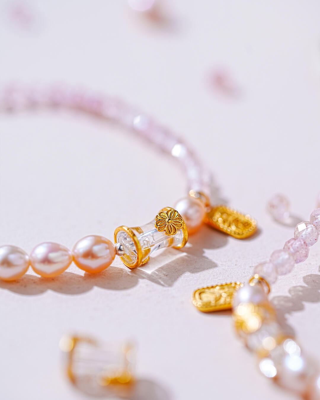 Fire Element Strawberry Quartz & Pearl Blessing Bracelet