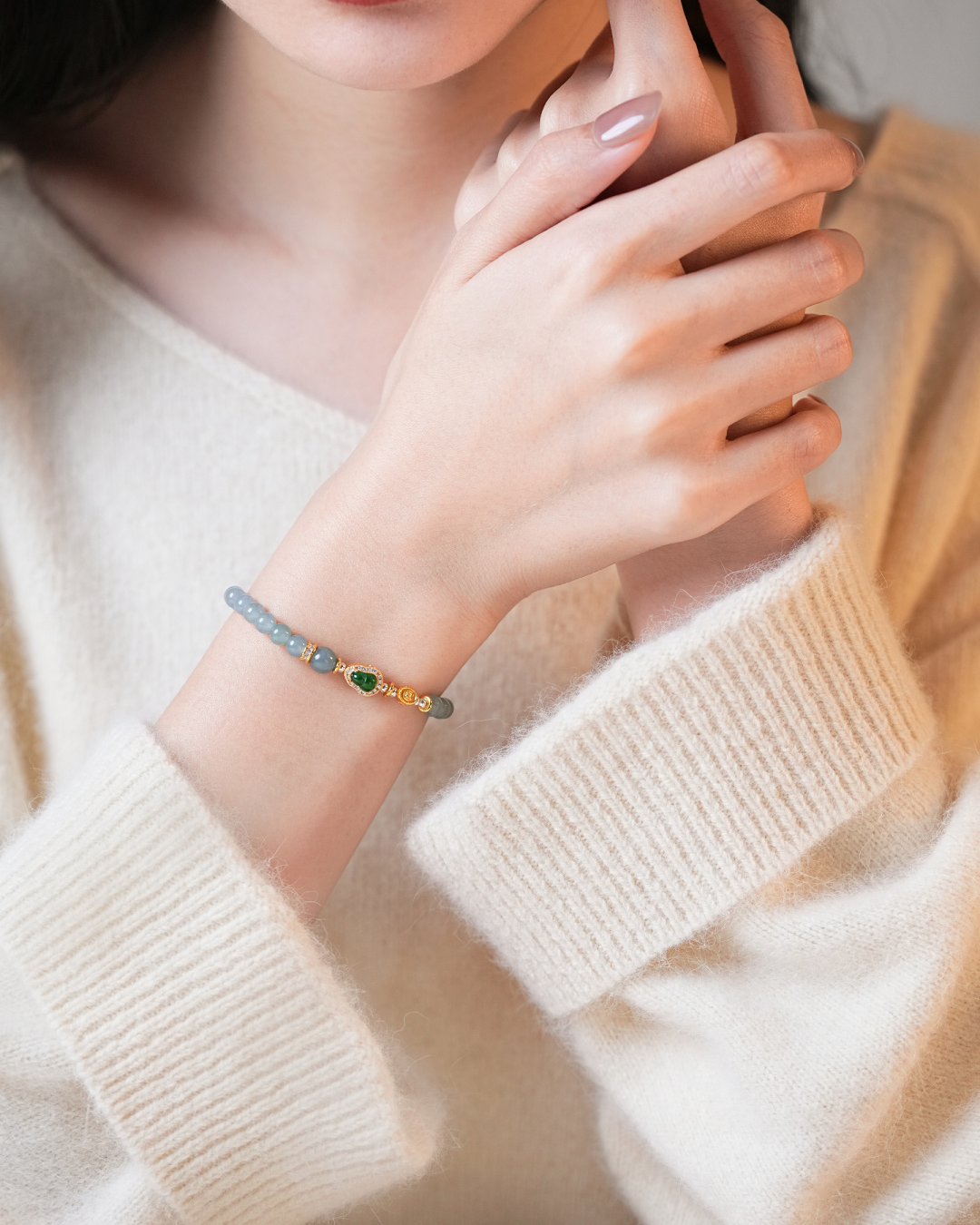 Water Element Blue Water Jadeite & Jadeite Gourd Luck Bracelet