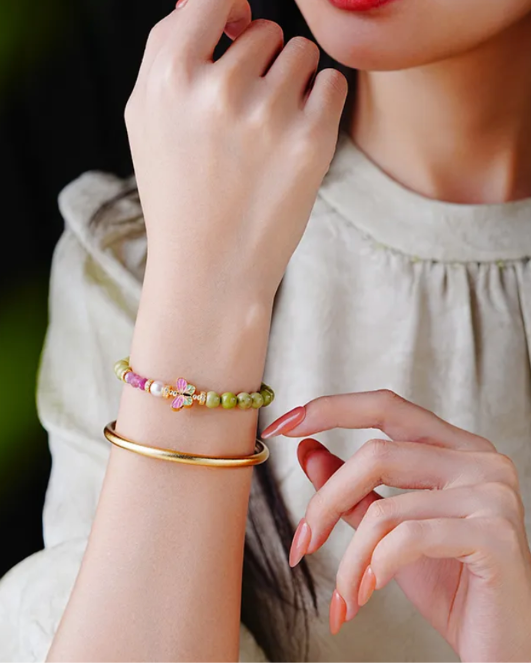 Wood Element Green Agate Butterfly Harmony Bracelet