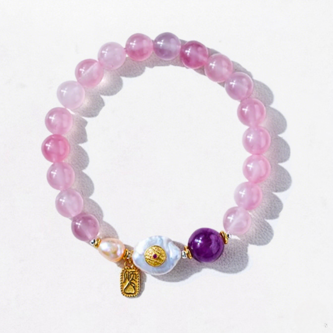 Pulsera de amor de cristal rosa con monedas fantasma de montaña de fuego encendido