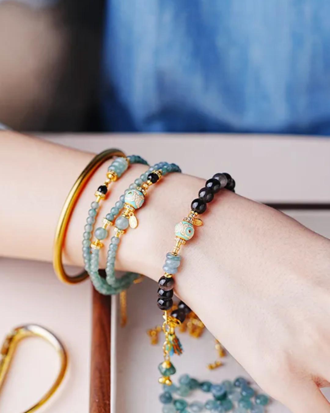 Water Element Silver Obsidian Jade Peace Talisman Bracelet