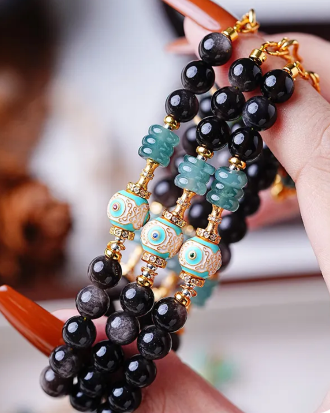 Water Element Silver Obsidian Jade Peace Talisman Bracelet