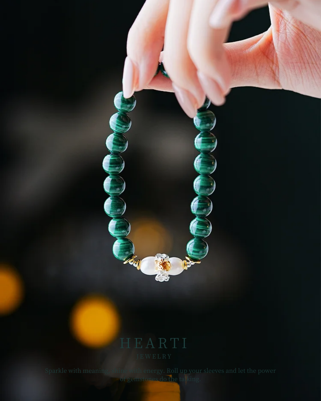 Pulsera de poder de perla malaquita y mariposa de la sabiduría de la madera