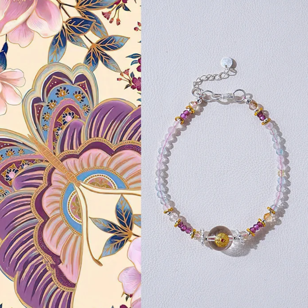 Pulsera de cuentas de mijo de morganita y riqueza con dinero fantasma de montaña Wood Bloom