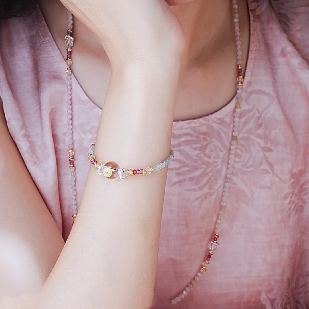 Pulsera de cuentas de mijo de morganita y riqueza con dinero fantasma de montaña Wood Bloom