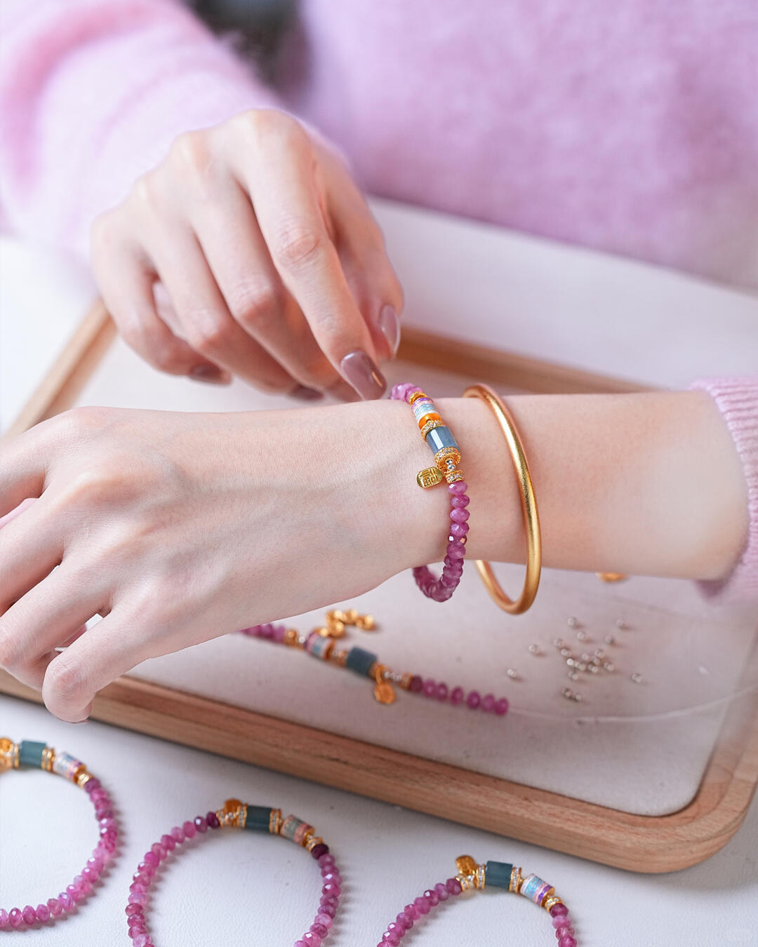 Fire Element Pink Tourmaline & Blue Jade Harmony Bracelet