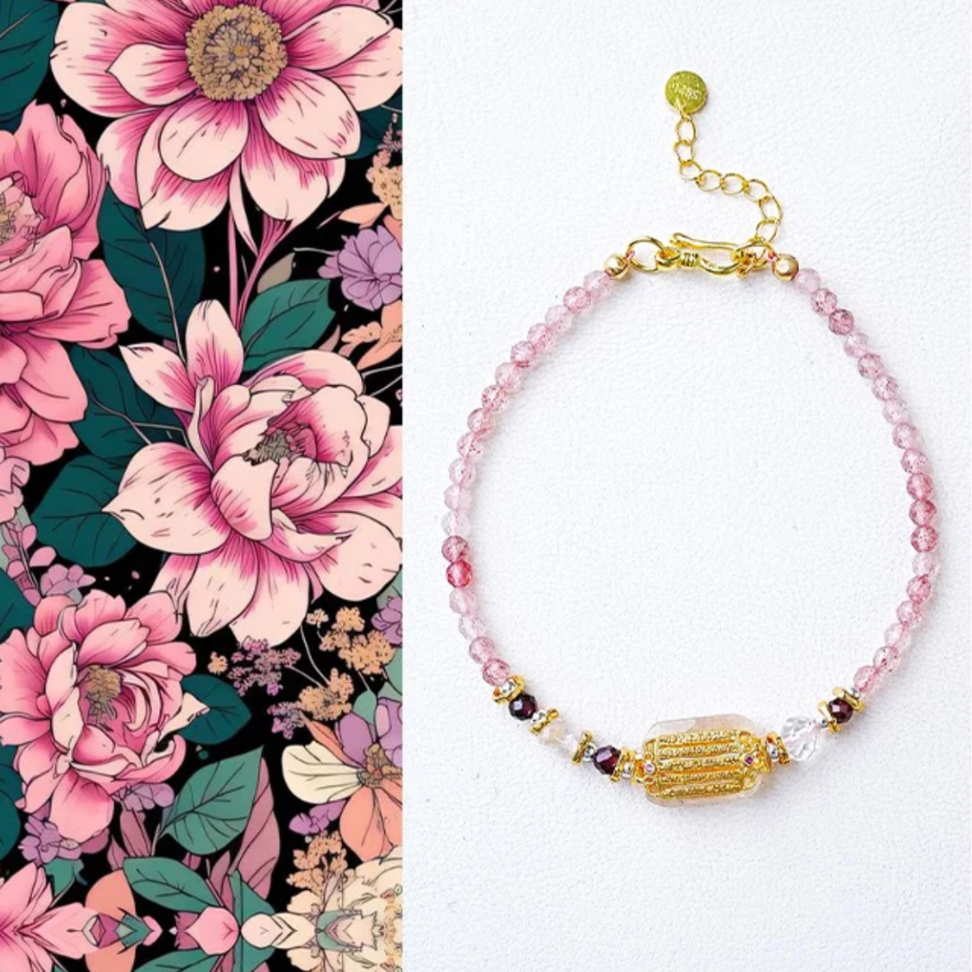 Pulsera de cuentas de mijo de amor de cuarzo fresa con los cinco sutras de Fire Ignite