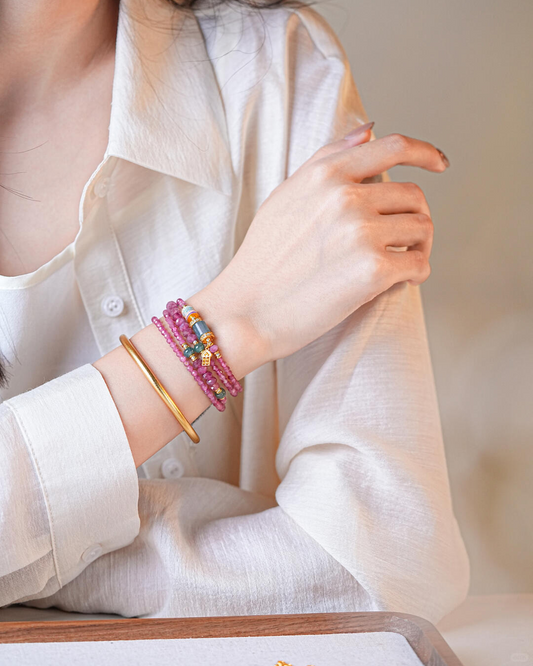 Fire Element Pink Tourmaline & Blue Jade Fortune Wrap Bracelet