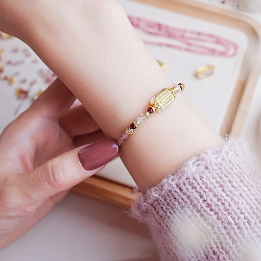 Fire Element Five Sutras & Strawberry Quartz Love Millet Beads Bracelet