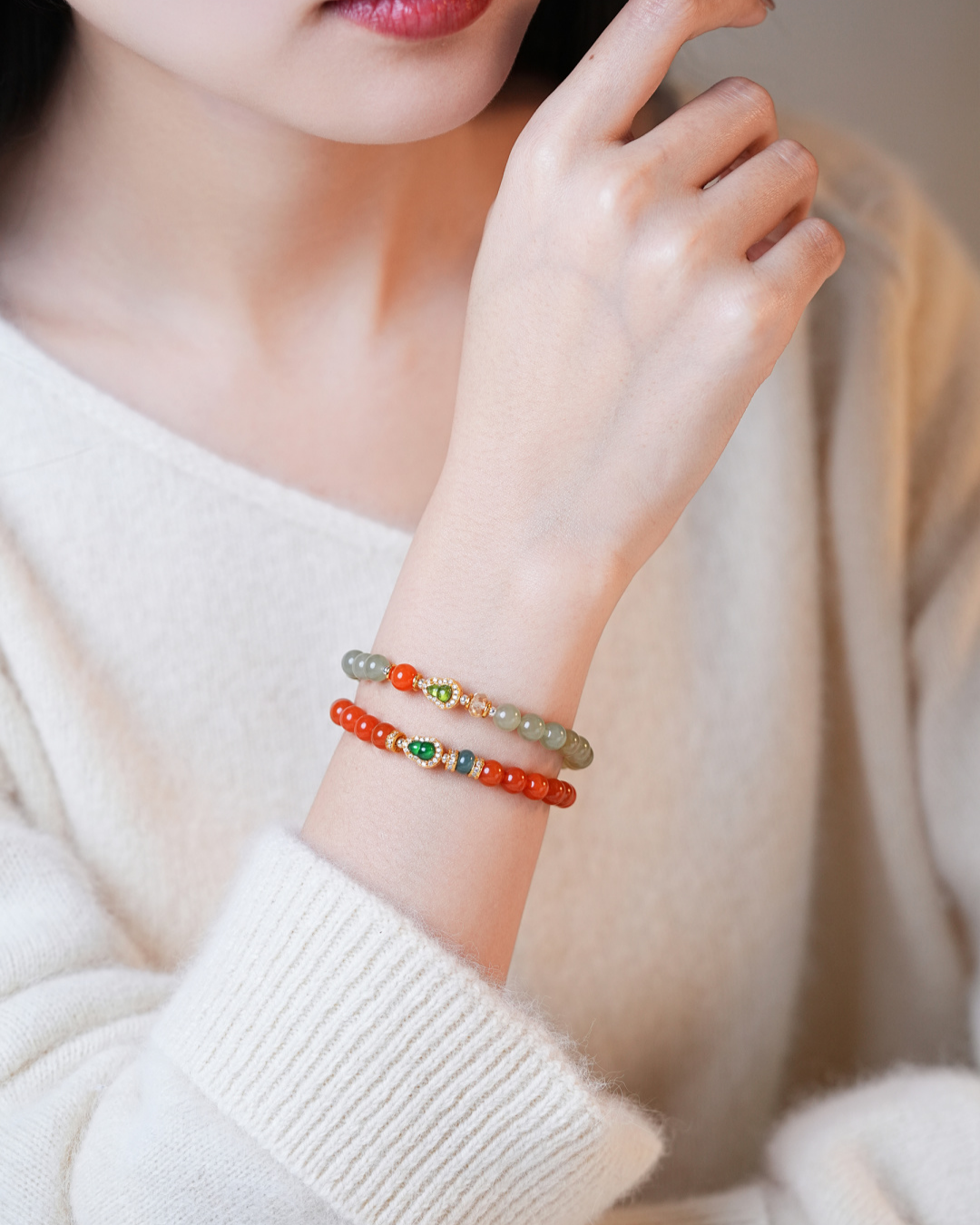 Pulsera de armonía de jade hetiano con calabaza de madera en flor