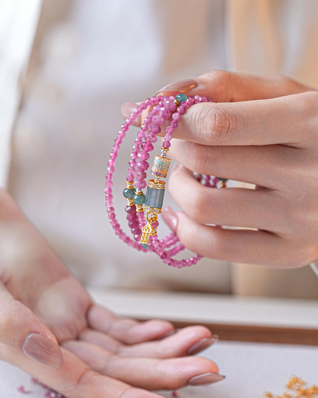Fire Element Pink Tourmaline & Blue Jade Fortune Wrap Bracelet