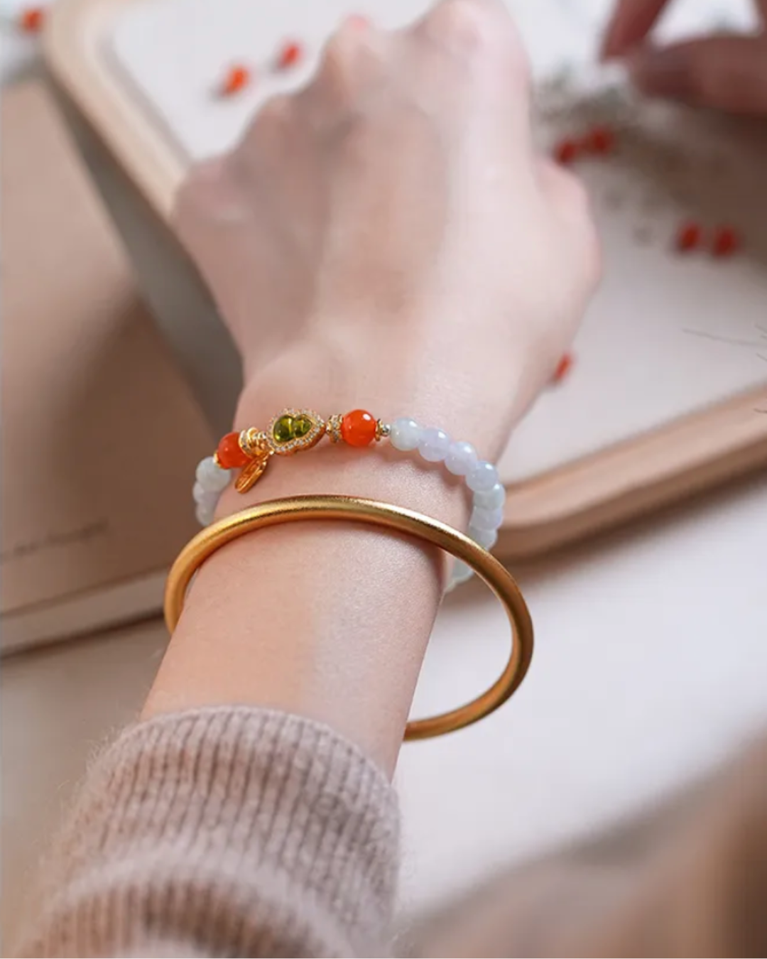 Wood Element Jadeite Tourmaline Gourd Prosperity Bracelet