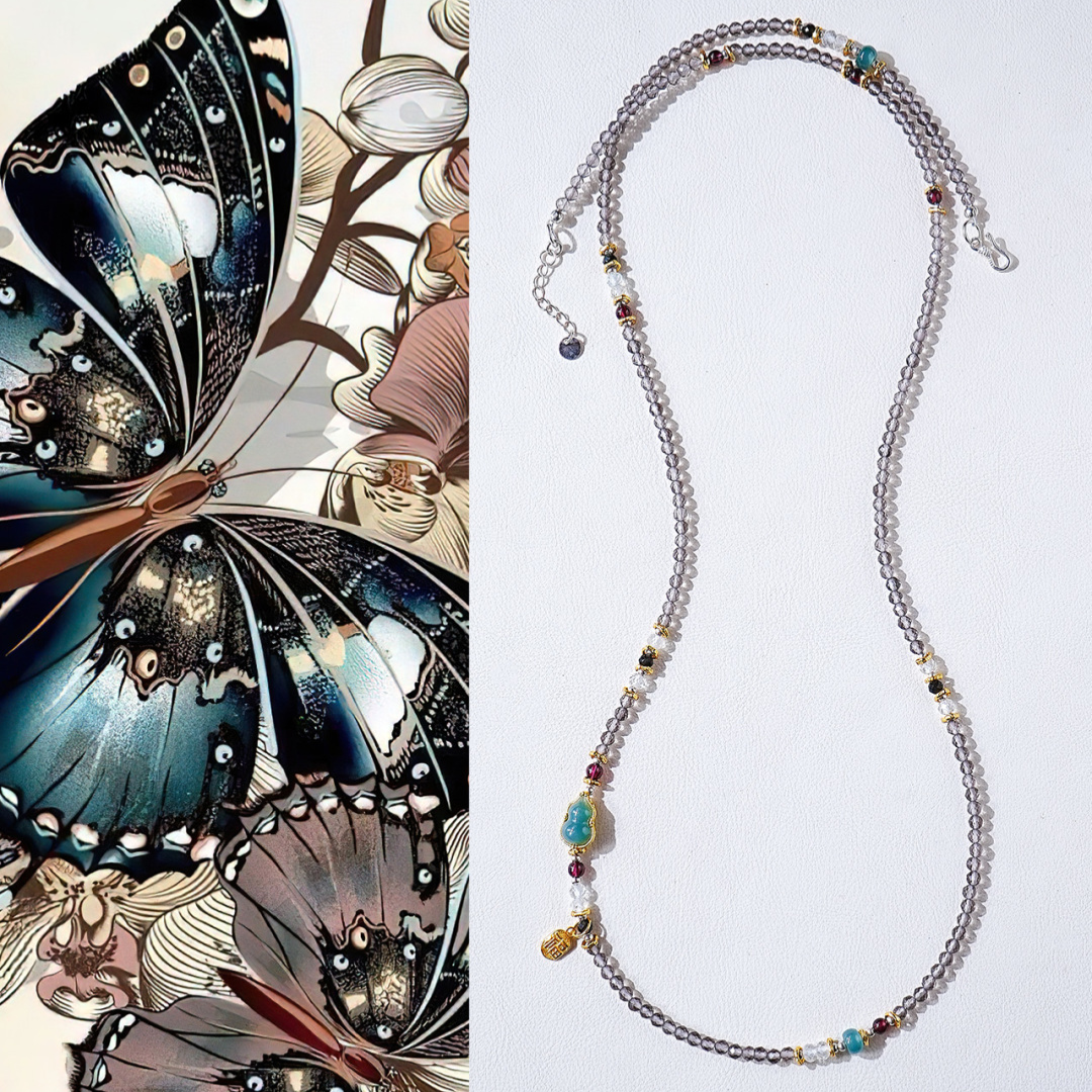 Pulsera de múltiples bucles con armadura de obsidiana y calabaza de jadeíta con flujo de agua