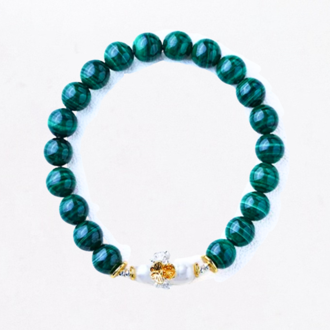 Pulsera de poder de perla malaquita y mariposa de la sabiduría de la madera