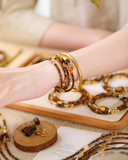 Metal Element Agarwood Citrine Tiger’s Eye Wealth Wrap Bracelet