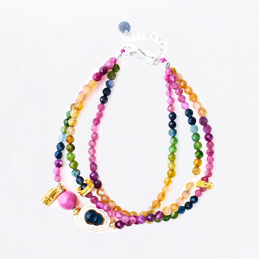 Five Elements Rainbow Tourmaline & Rhodonite Gourd Bracelet Trinity Bracelet