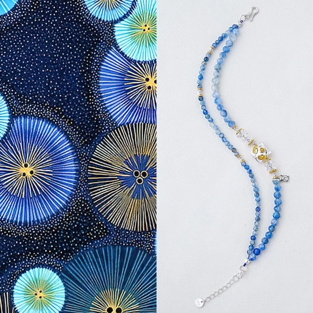 Pulsera de doble vuelta con sabiduría de cianita y cuarzo león que despierta el flujo de agua