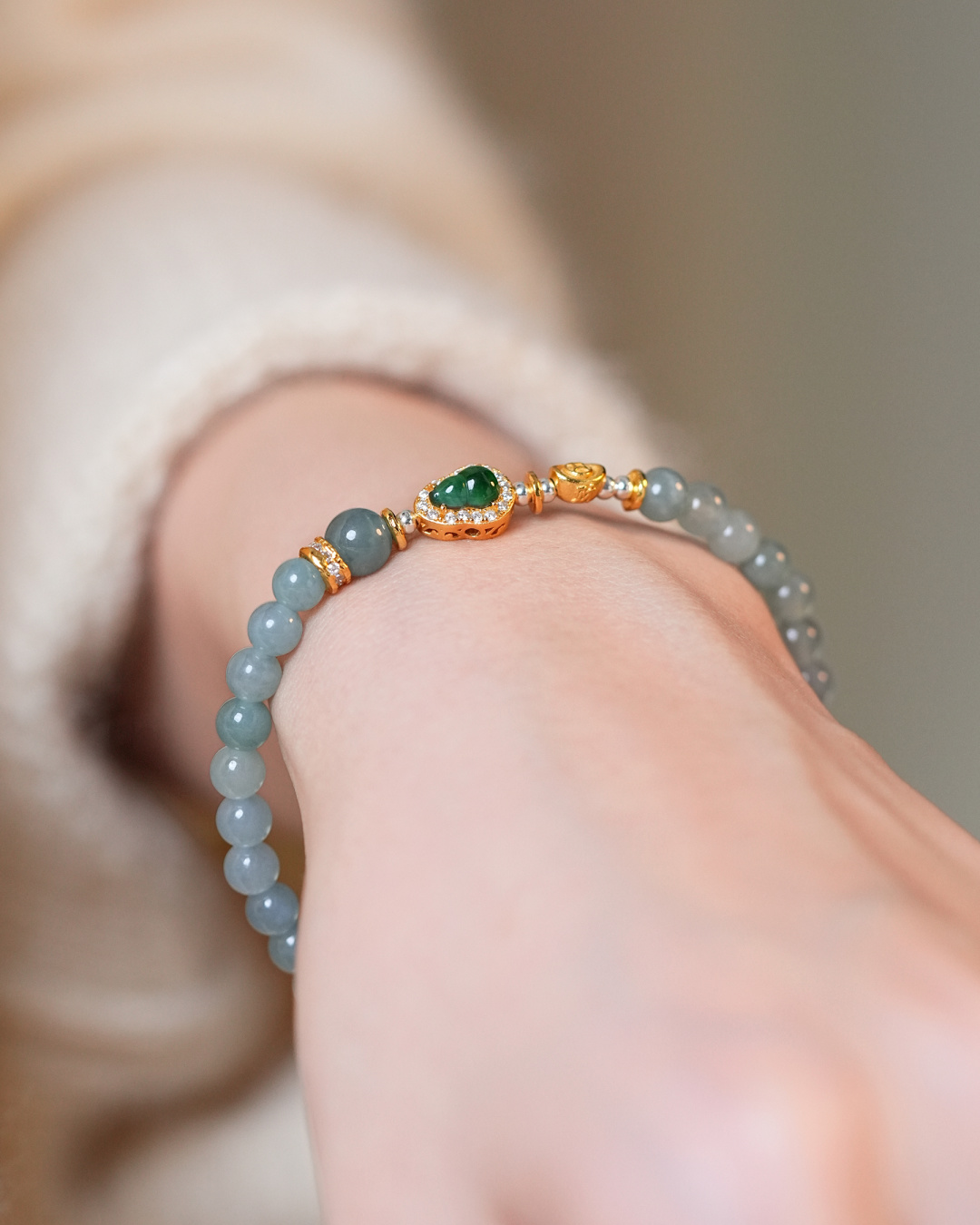 Water Element Blue Water Jadeite & Jadeite Gourd Luck Bracelet