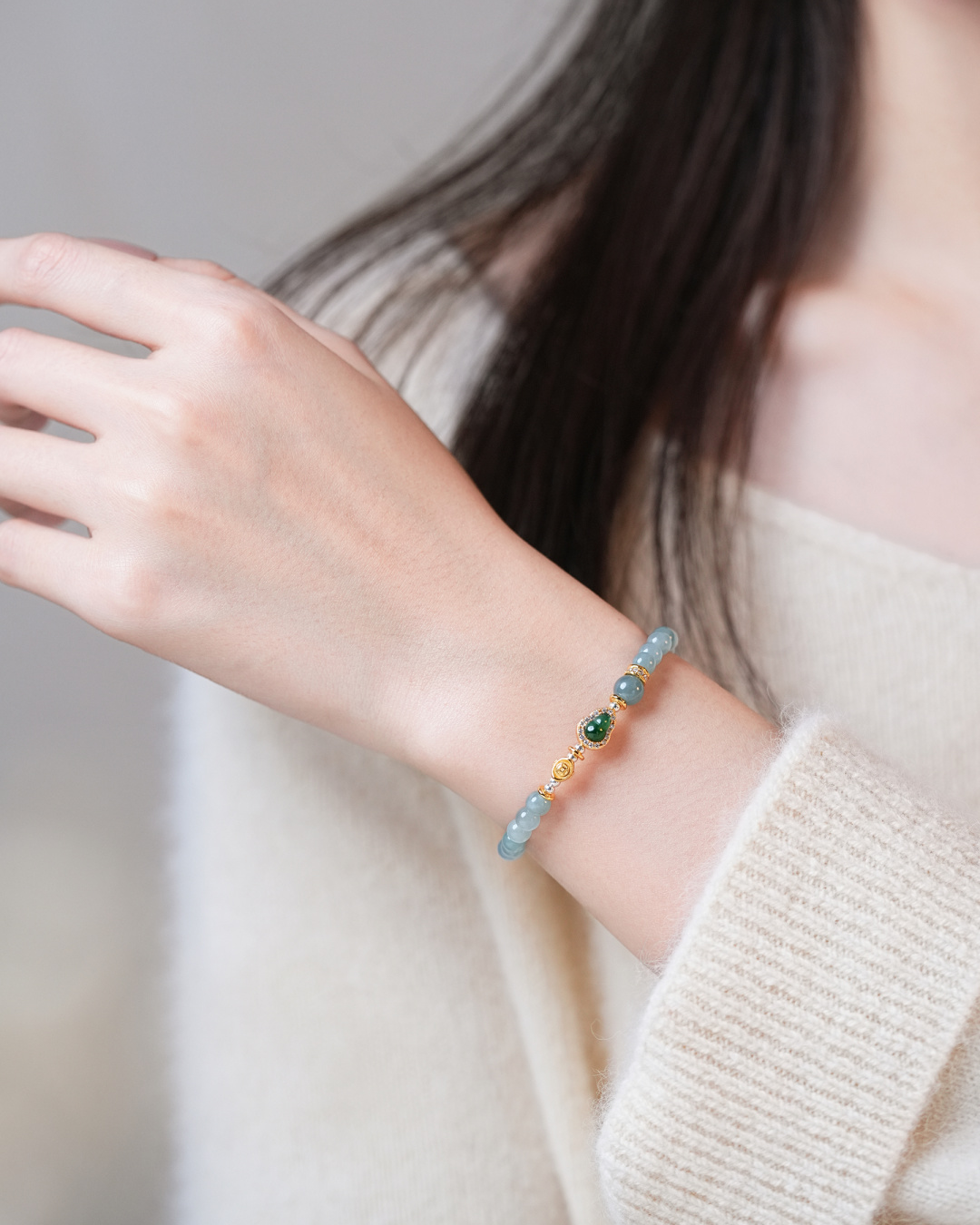 Water Element Blue Water Jadeite & Jadeite Gourd Luck Bracelet