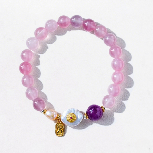 Pulsera de amor de cristal rosa con monedas fantasma de montaña de fuego encendido
