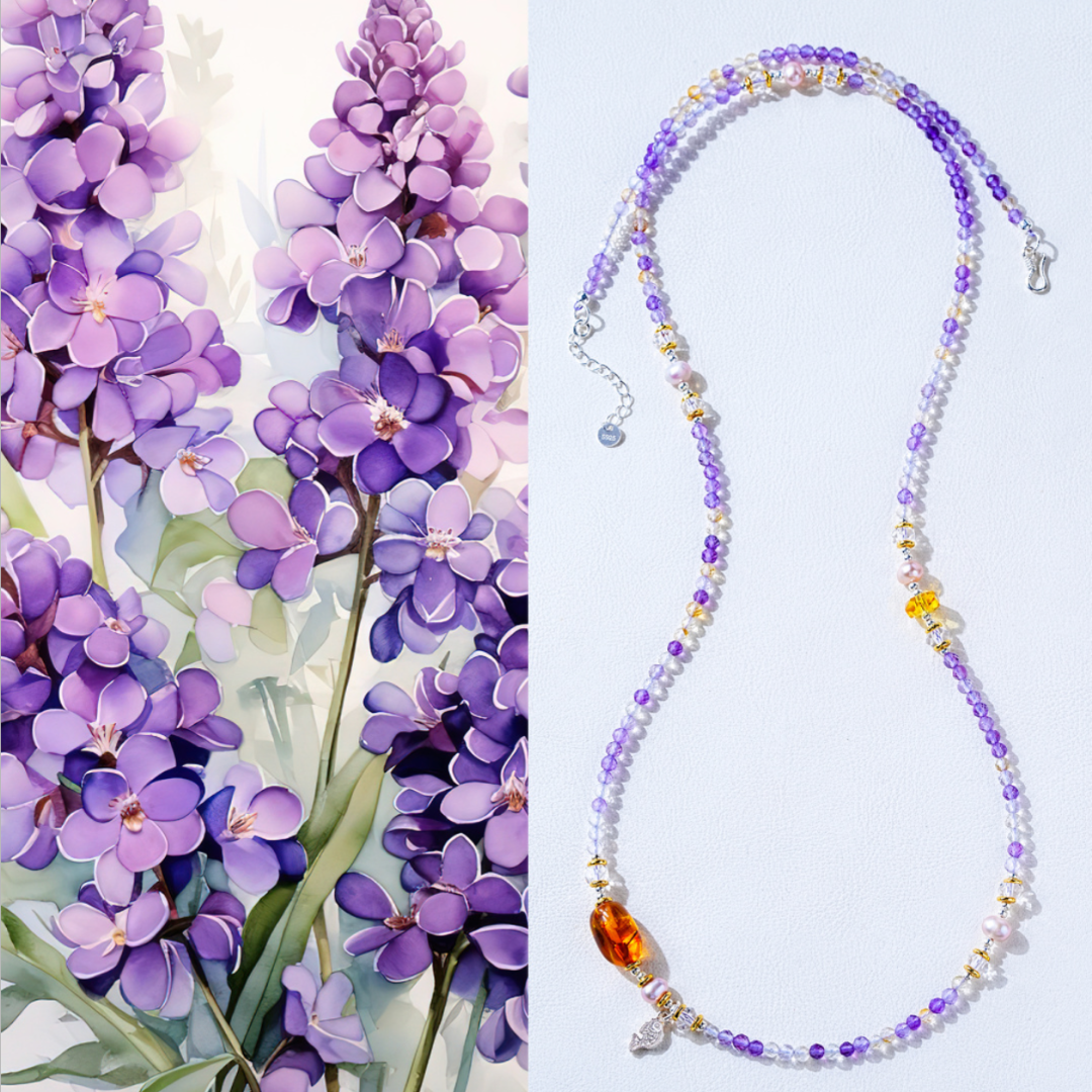 Pulsera multivueltas con armonía de ámbar y ametrina con flor de fuego