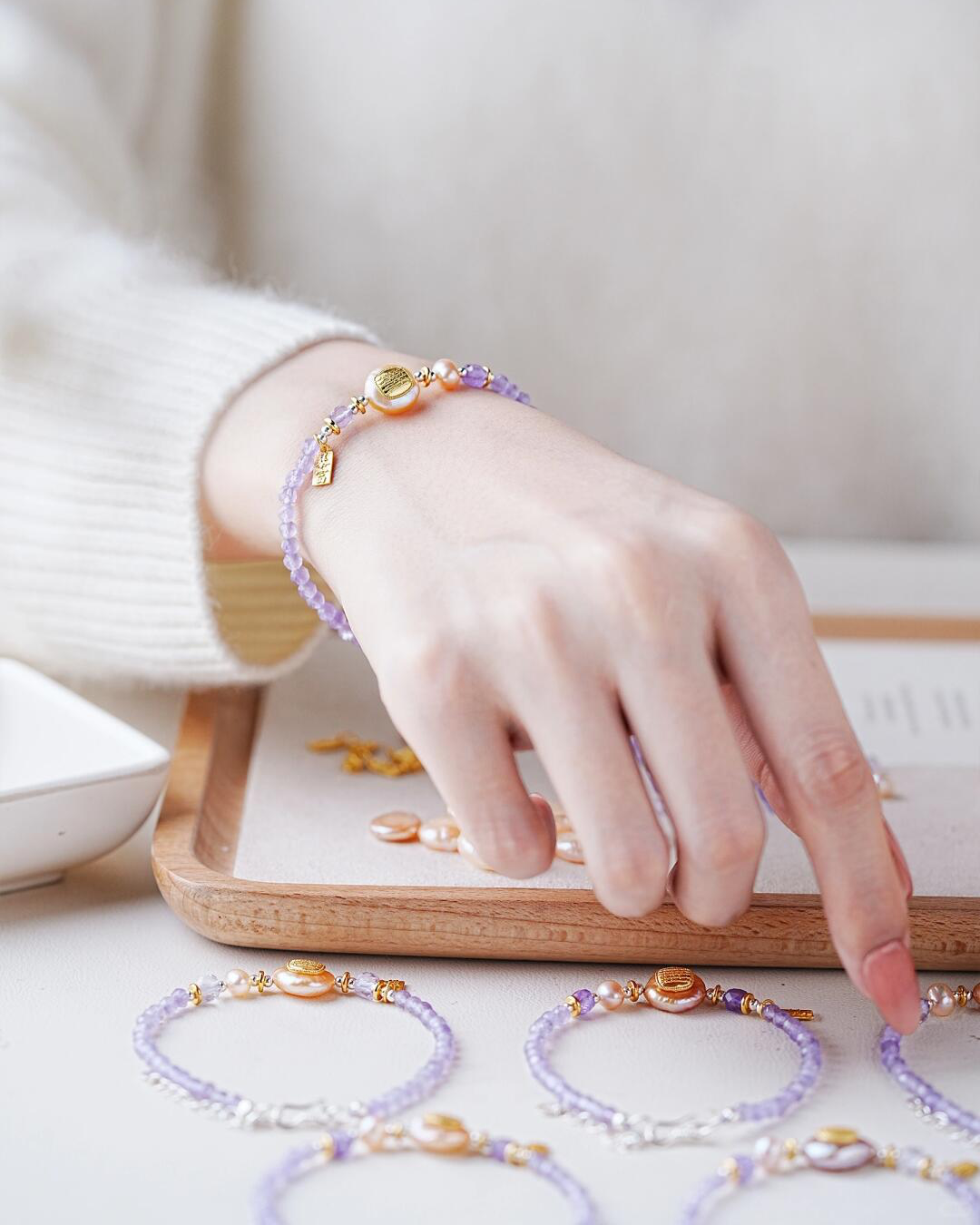 Fire Element Amethyst & Pearl Blessing Millet Beads Bracelet