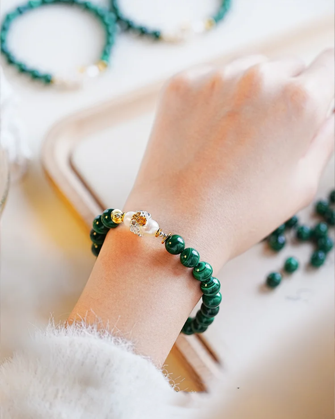 Wood Element Malachite & Pearl Wisdom Power Bracelet