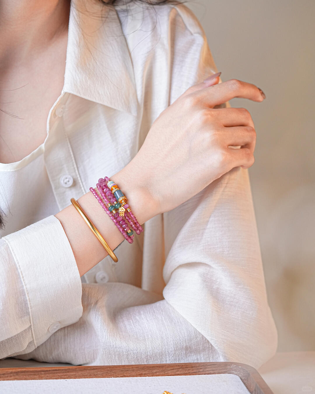 Fire Element Pink Tourmaline & Blue Jade Fortune Wrap Bracelet