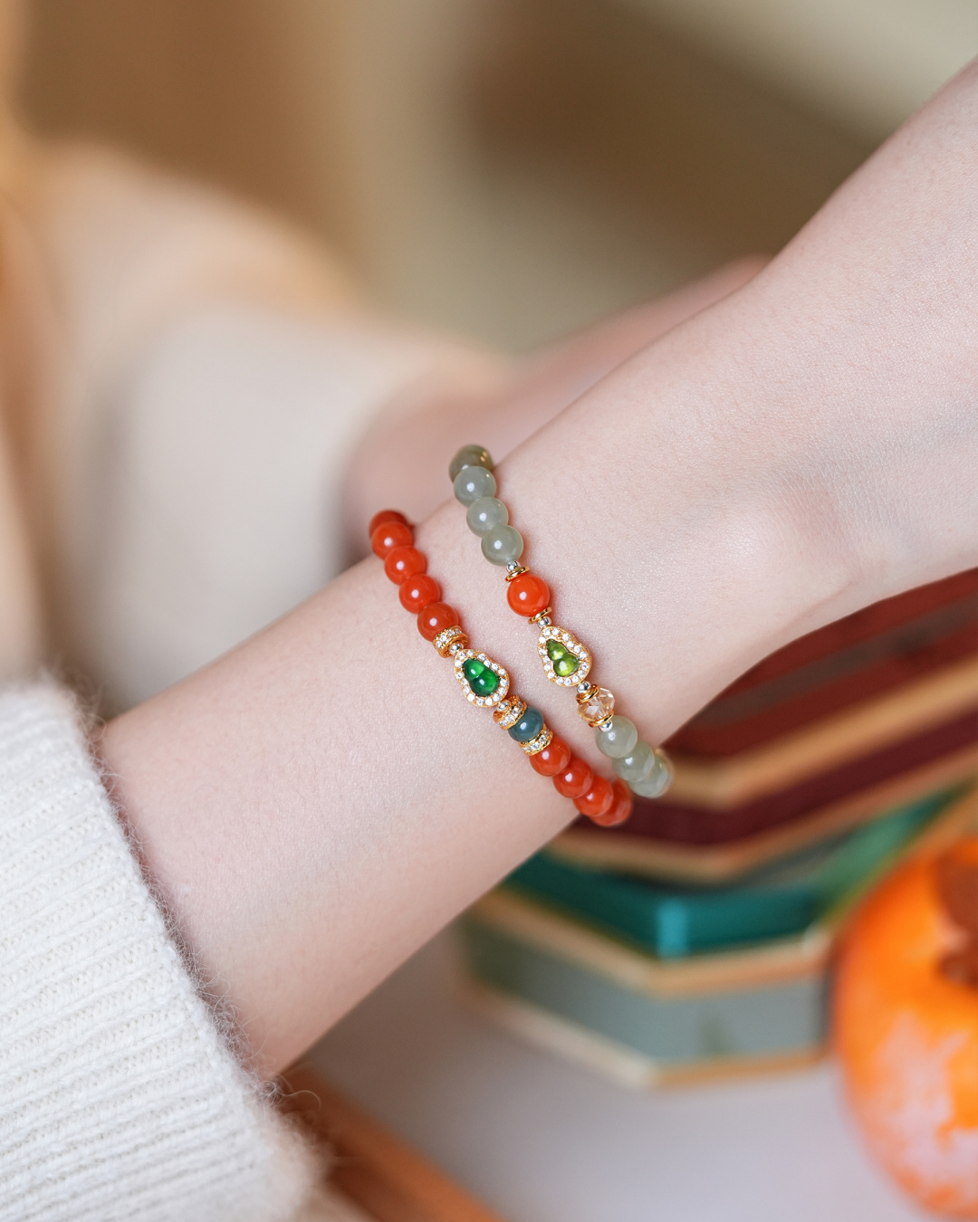 Pulsera de armonía de jade hetiano con calabaza de madera en flor