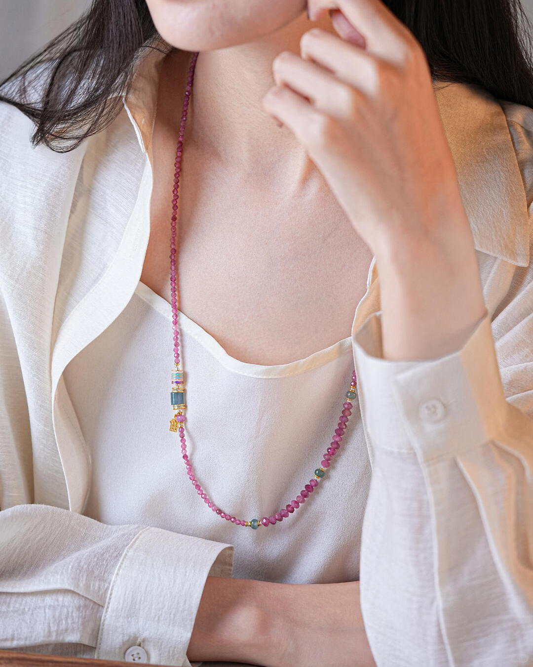 Fire Element Pink Tourmaline & Blue Jade Fortune Wrap Bracelet