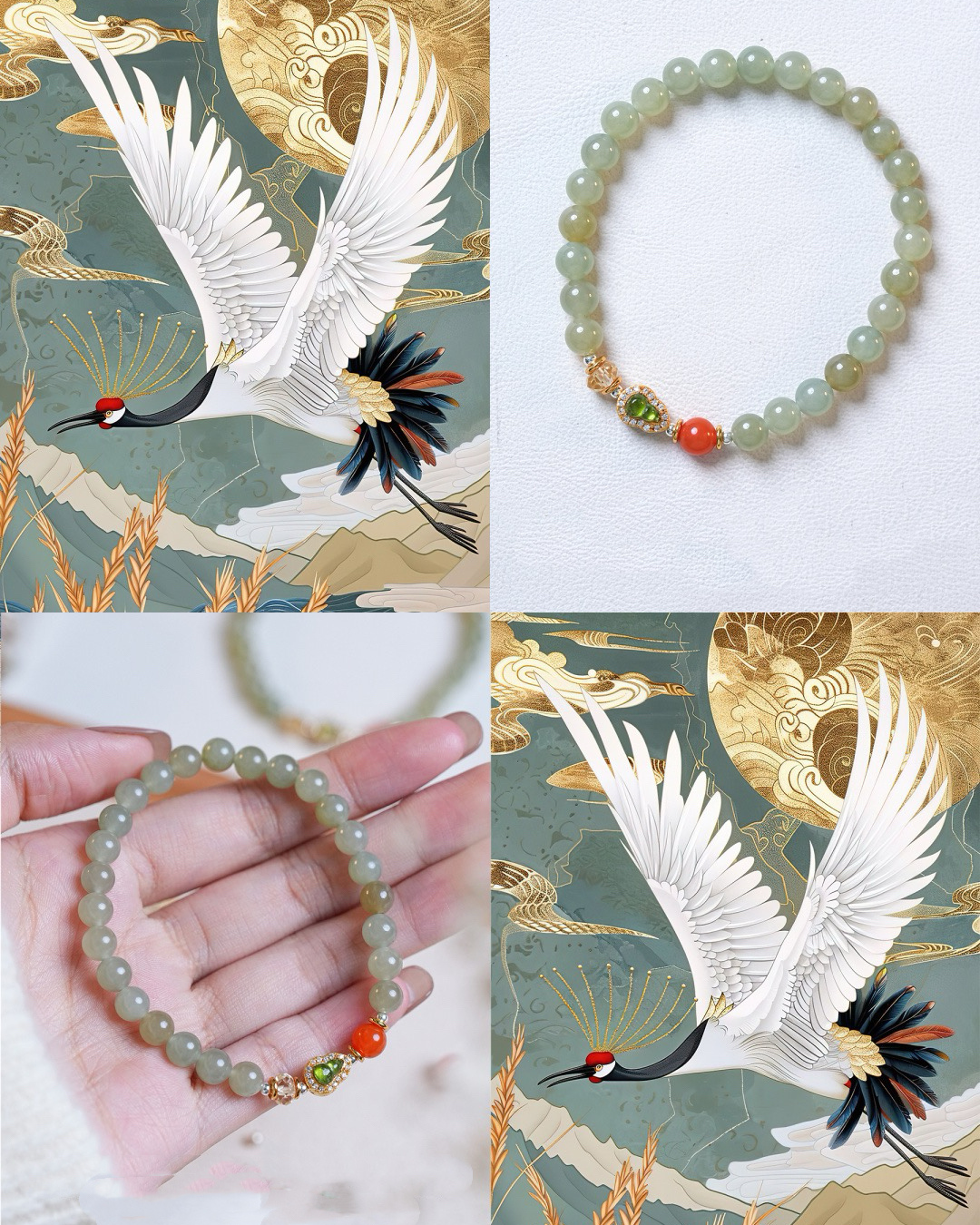 Pulsera de armonía de jade hetiano con calabaza de madera en flor