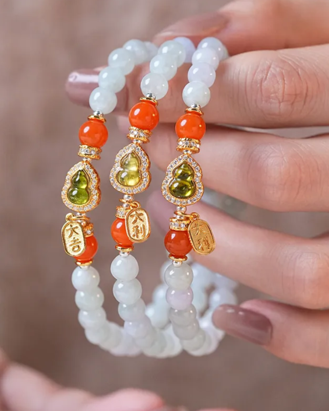 Wood Element Jadeite Tourmaline Gourd Prosperity Bracelet