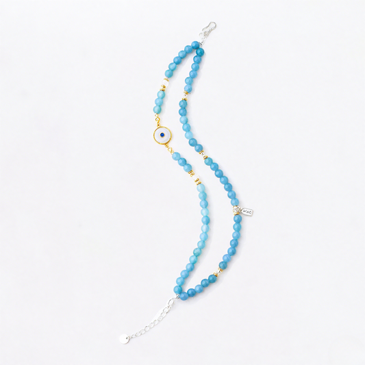 Pulsera de doble vuelta con botón de paz y jadeíta azul con armonía de agua
